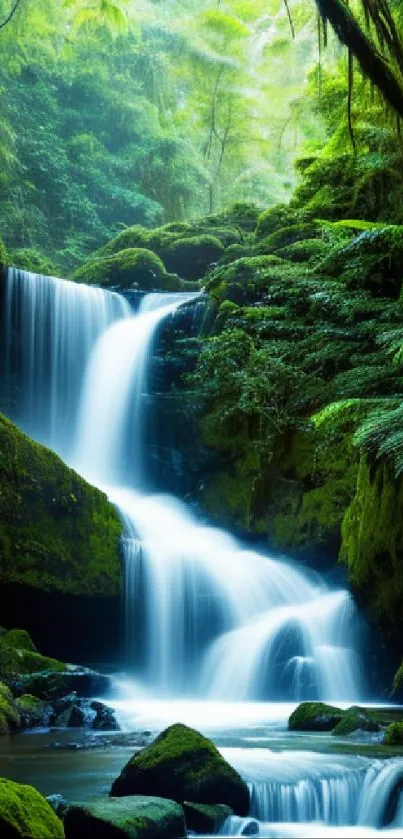 Serene waterfall flowing in a lush green forest, perfect for mobile wallpapers.