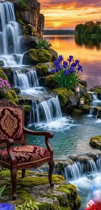 Picturesque waterfall garden with a sunset view and elegant chair.