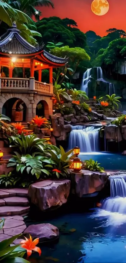 Serene garden with waterfall and sunset.