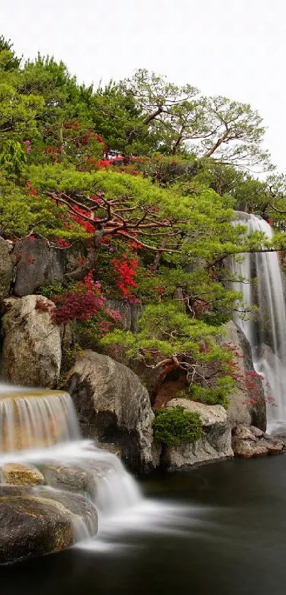 Serene waterfall garden with lush greenery and vibrant flowers.