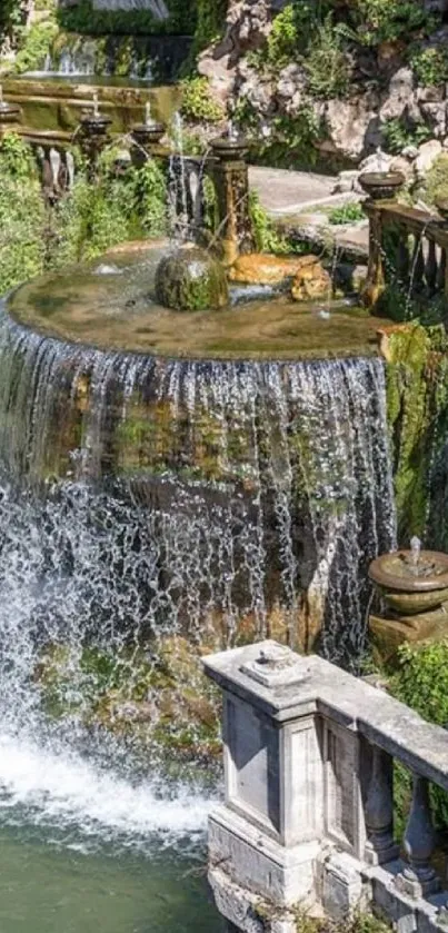 Serene garden waterfall with rich greenery and cascading water.