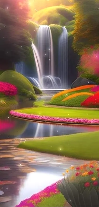 Serene garden with waterfall, vibrant flowers, and lush greenery.