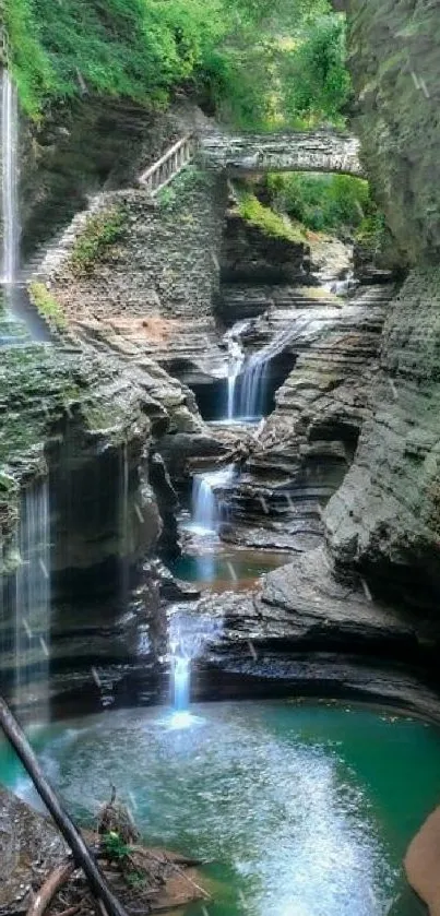 Serene waterfall gorge with lush greenery and cascading waters.