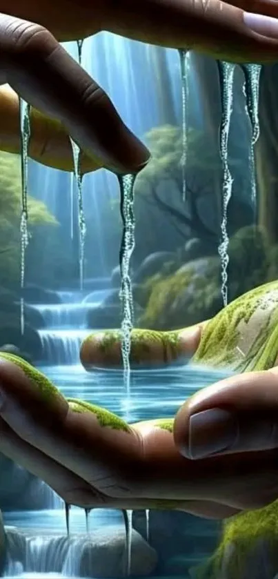 Hands cradling a serene waterfall in nature.