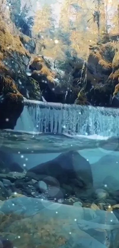 Serene waterfall in an autumn forest with sparkling waters.