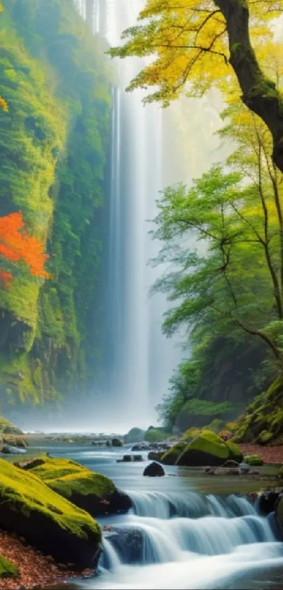 A tranquil waterfall in a colorful autumn forest.