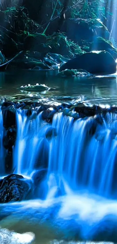 Serene waterfall with blue hues, forest backdrop, and cascading water.