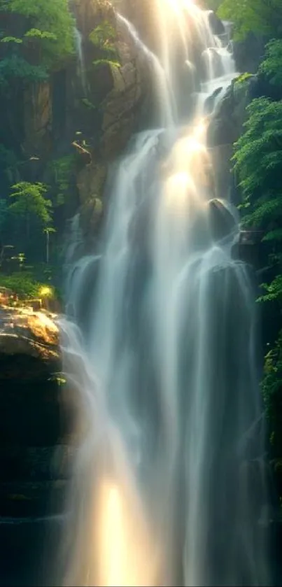 Serene waterfall cascading through a lush green forest.