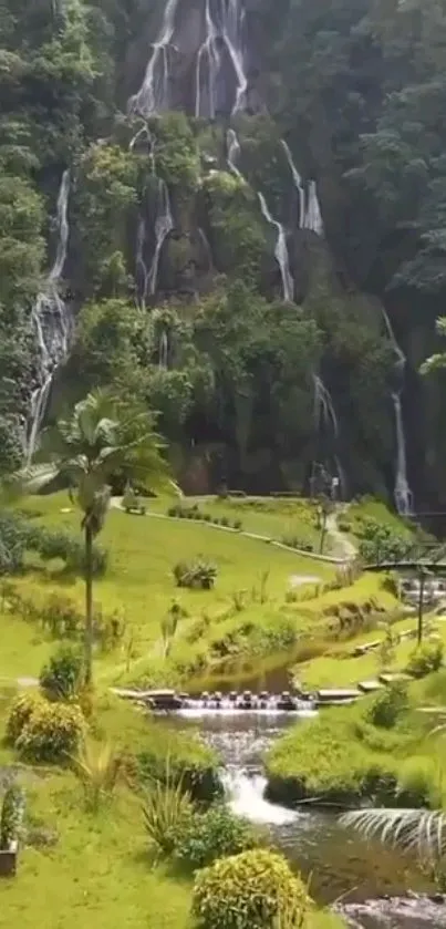 A peaceful waterfall amidst rich greenery and forest.