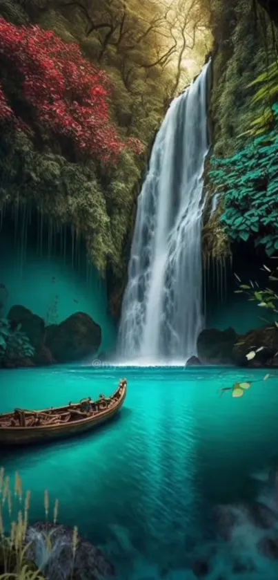 Wallpaper of a serene waterfall and tranquil turquoise lagoon in a lush forest.