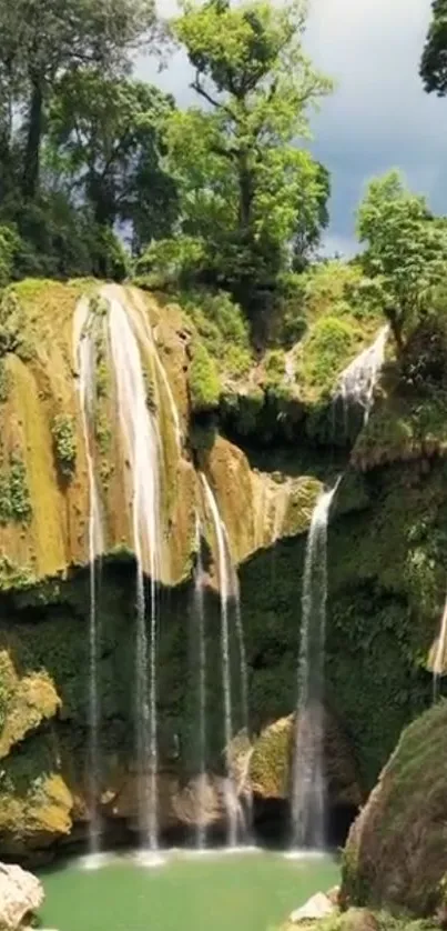 Cascading waterfall in a green forest landscape.