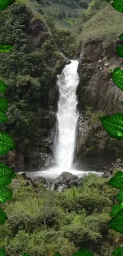 Serene waterfall amidst lush green foliage.