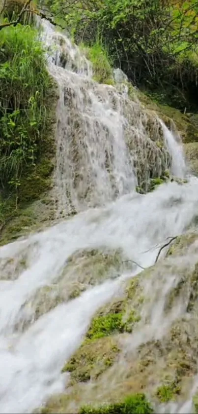 Cascading waterfall over mossy rocks in a lush forest setting.