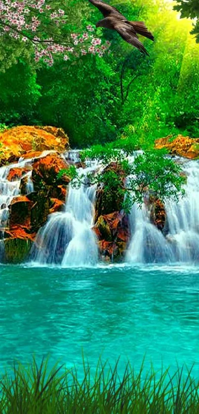 Waterfall cascading through lush, green forest with bright sunlight above.