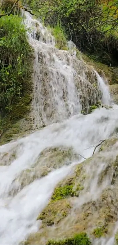 Waterfall cascading through lush green forest