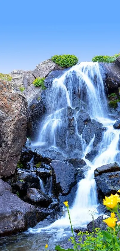 Tranquil waterfall flowing over rocks with yellow flowers and blue sky.