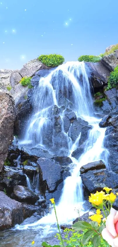 Waterfall with flowers in a serene nature setting.