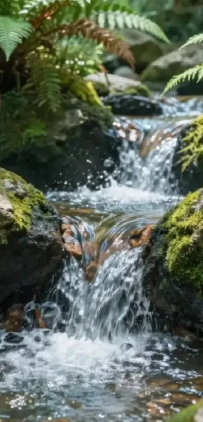 A serene waterfall flowing through moss-covered rocks in a lush forest.