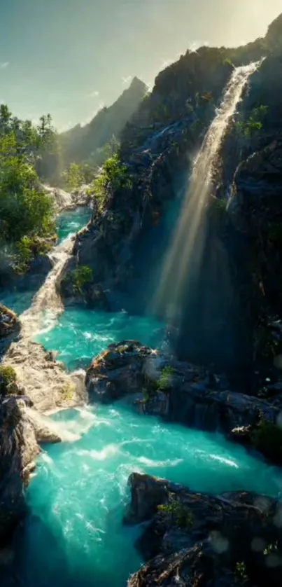 Cascading waterfall in lush green forest landscape