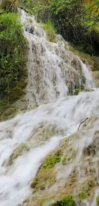 A serene waterfall cascades over rocks in lush green surroundings.