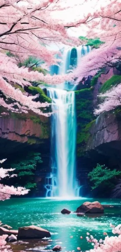 Beautiful waterfall with cherry blossoms and turquoise water in spring.