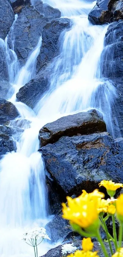 Tranquil waterfall with flowers and blue sky background.