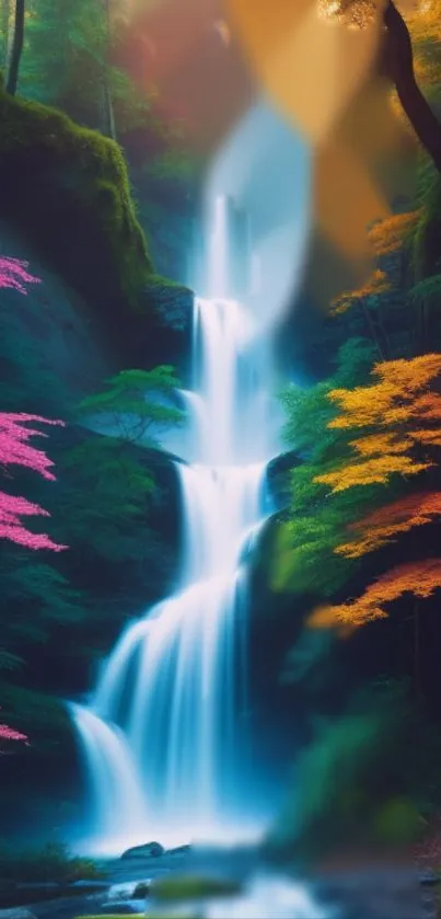 Colorful waterfall in a vibrant forest scene, ideal for mobile wallpaper.