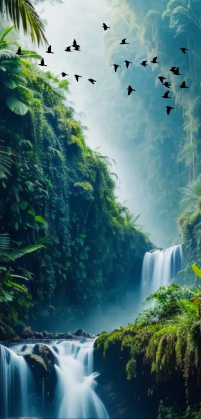 Lush jungle with waterfall and birds.