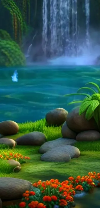 Serene waterfall landscape with lush greenery and vibrant flowers.