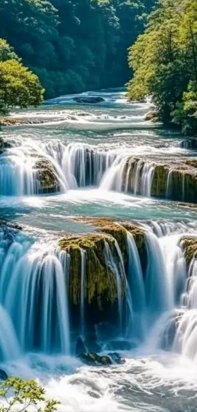 Cascading waterfall amidst lush greenery background.