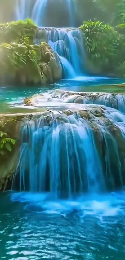 Serene waterfall cascading over rocks surrounded by lush greenery.
