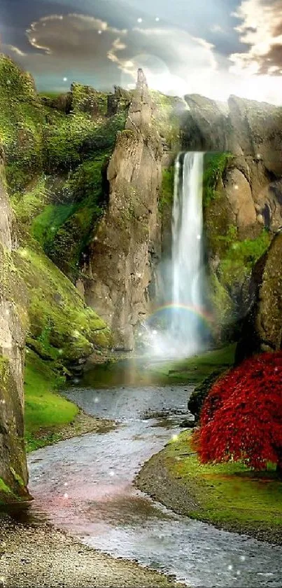 Serene waterfall amidst lush green cliffs and red foliage.