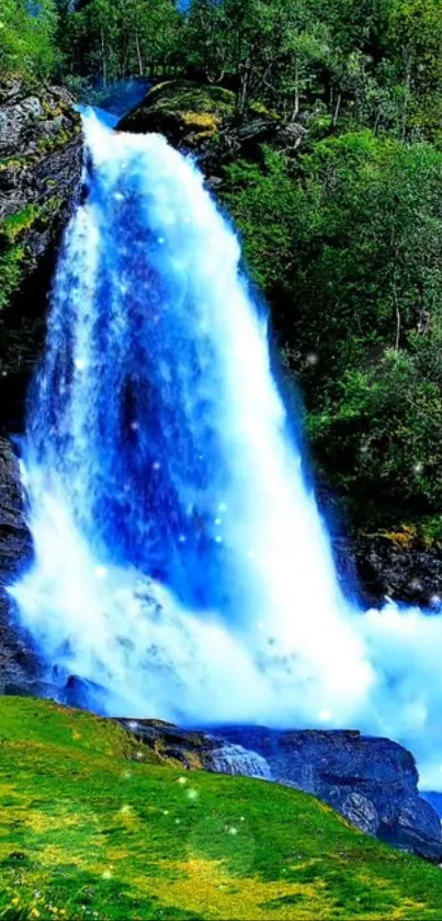 A vibrant waterfall cascades amid lush green forest.