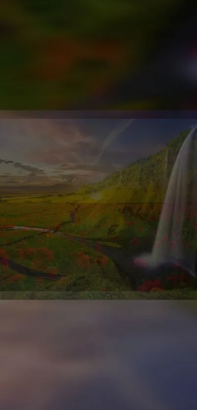 Vibrant waterfall and sunset landscape with lush greenery and colorful flowers.