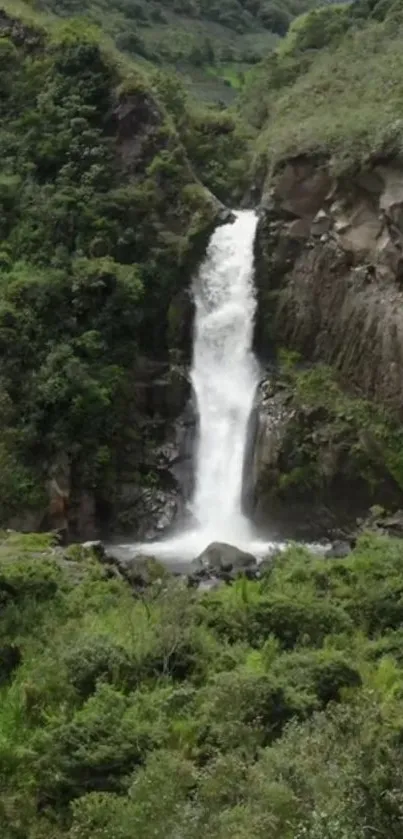 Serene waterfall flowing through lush greenery and rocky terrain.