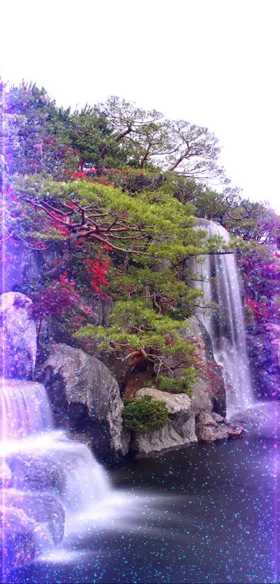 Waterfalls with lush greenery and vibrant flowers in a serene landscape.