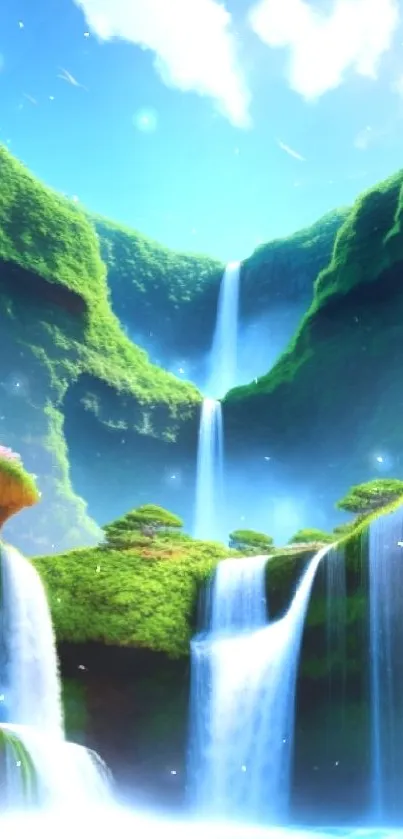 Serene waterfall landscape wallpaper with bright sky and lush green hills.