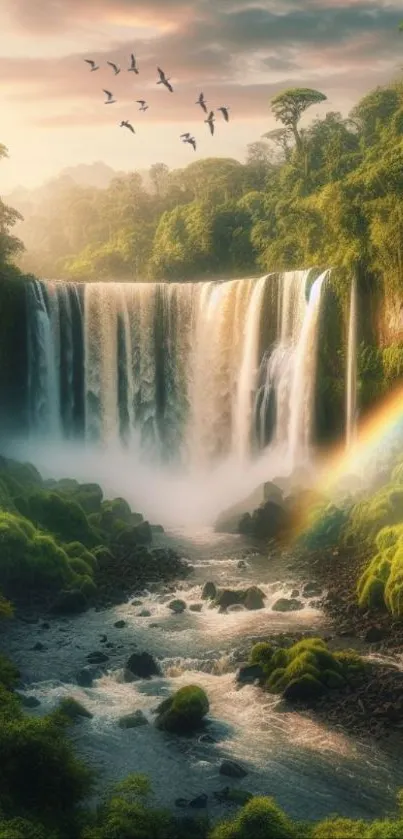 Lush waterfall landscape with rainbow enhancing serenity.