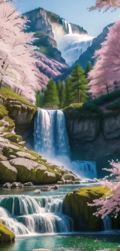 Serene waterfall with cherry blossoms scenery.