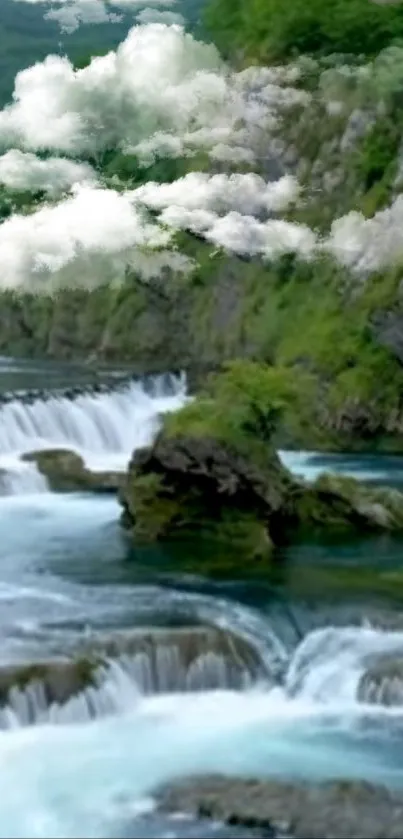 Serene waterfall landscape with lush greenery and flowing waters.