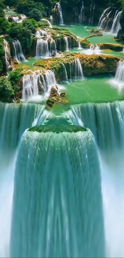 A stunning waterfall in a lush, green landscape with vibrant turquoise water.