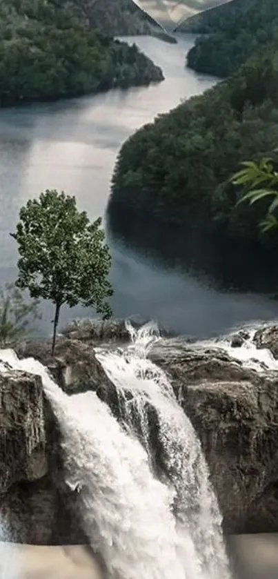 Serene landscape wallpaper with waterfall, river, and greenery.