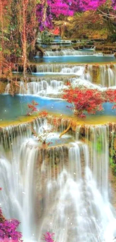 Cascading waterfall with vibrant foliage in a serene setting.