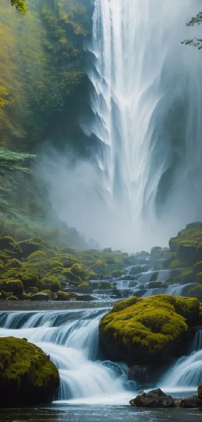 Serene waterfall with lush greenery and cascading water, perfect for a calming mobile wallpaper.