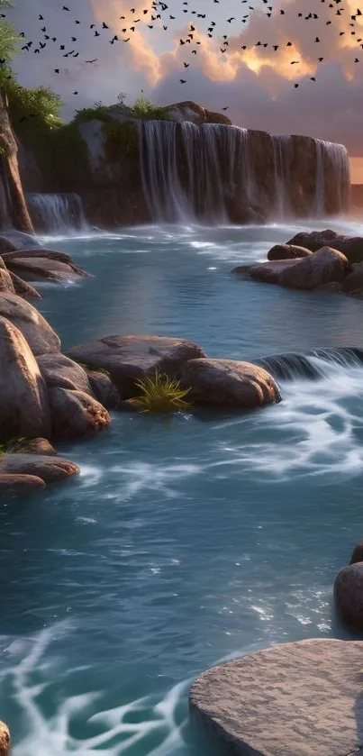 Waterfall with lush greenery and serene blue waters, perfect mobile wallpaper.