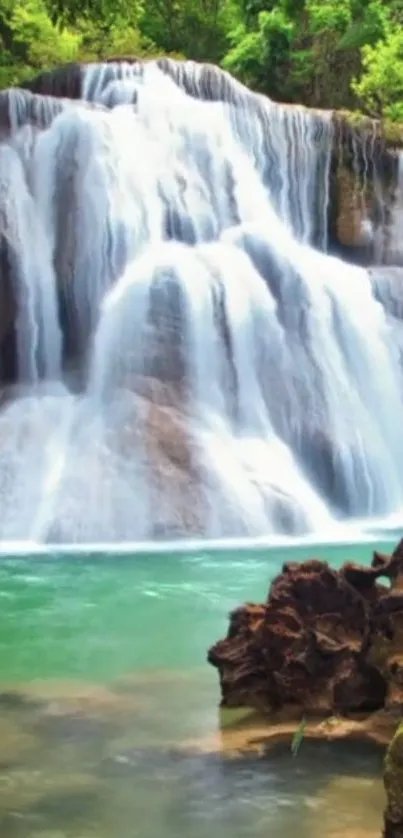 Serene waterfall with lush green forest.