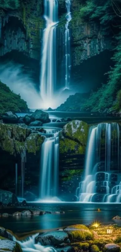 Serene waterfall amidst lush greenery with cascading waters and calm atmosphere.
