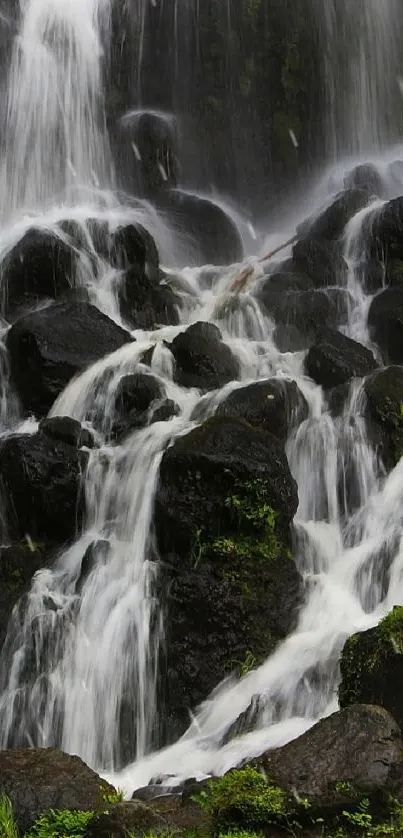 Serene waterfall cascading over rocks surrounded by lush green foliage.