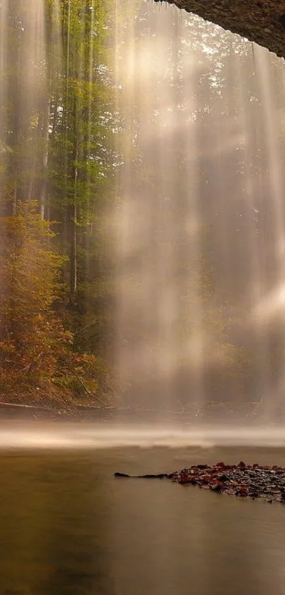 Serene waterfall with lush forest in background.