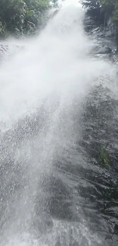 A serene waterfall cascading down a rocky surface with lush greenery.